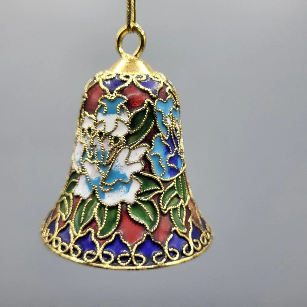 Cloisonne Bell Ornament Floral Enamel Filigree Blue Red Gold Holiday Decor